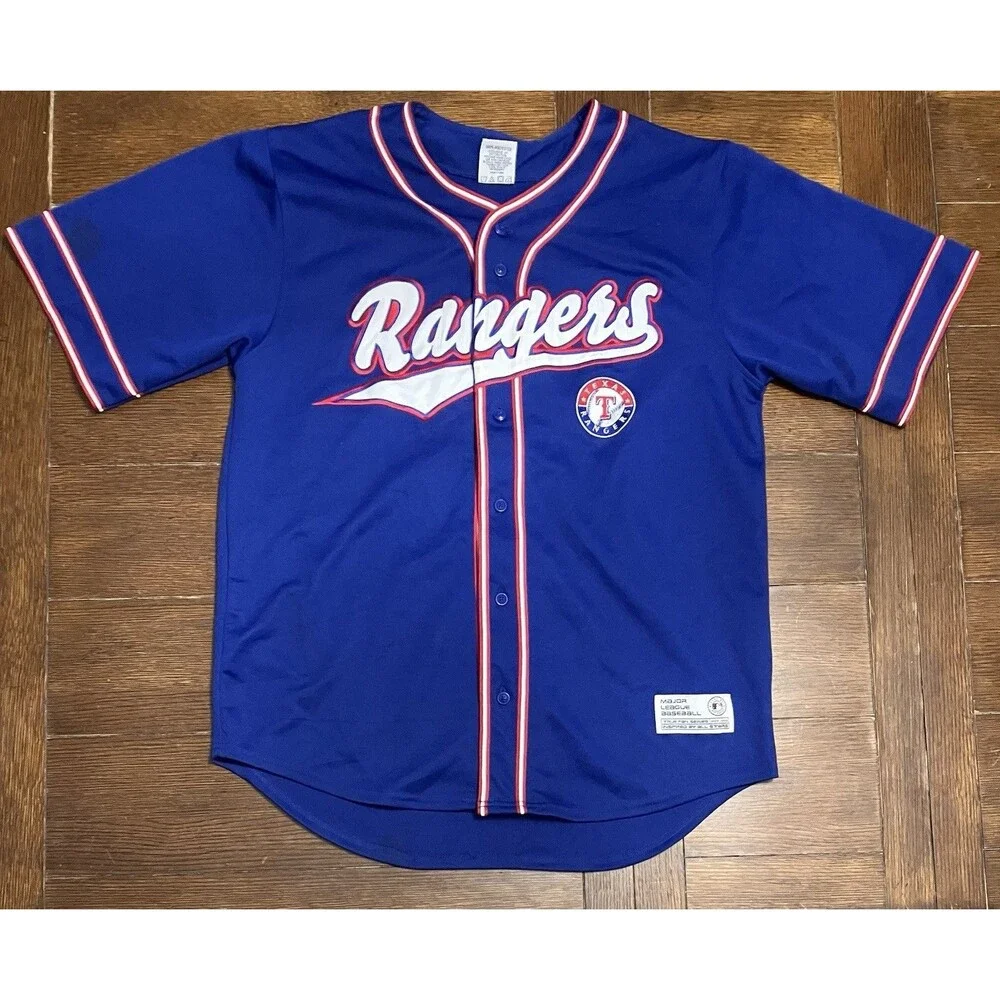 Men’s Texas Rangers Tru Fan Size L Blue Stitched Embroidered MLB Blue Jersey